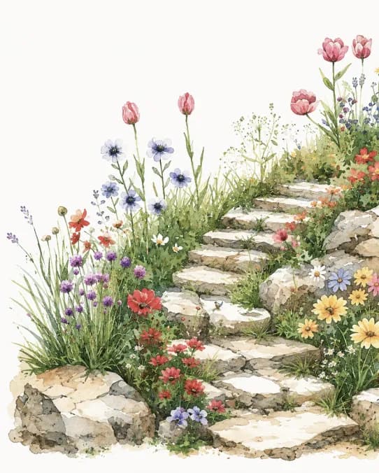 Flowering stone steps illustration