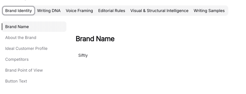 Brand identity workspace showing tabs for brand identity, writing DNA, voice framing, editorial rules, visual intelligence, and writing samples.